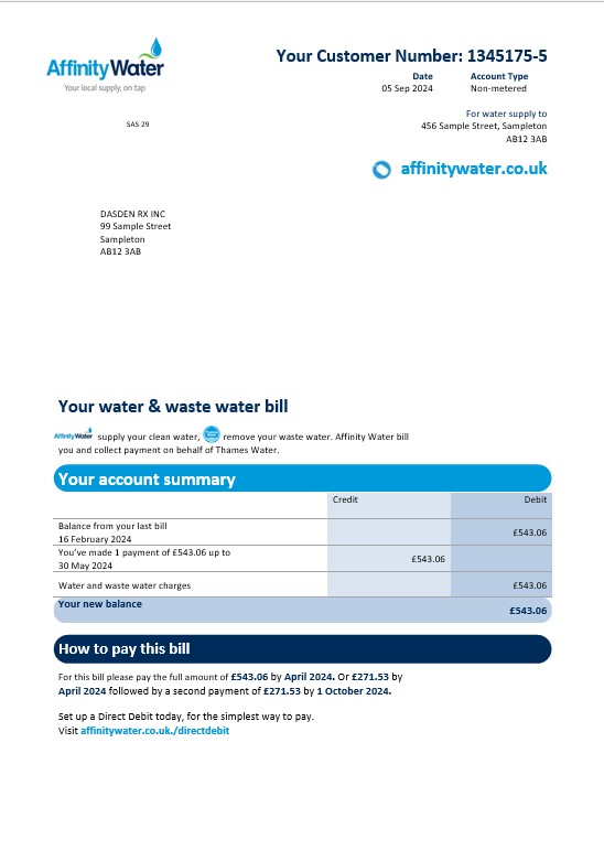 United Kingdom Affinity Water business utility bill template in Word and PDF formats